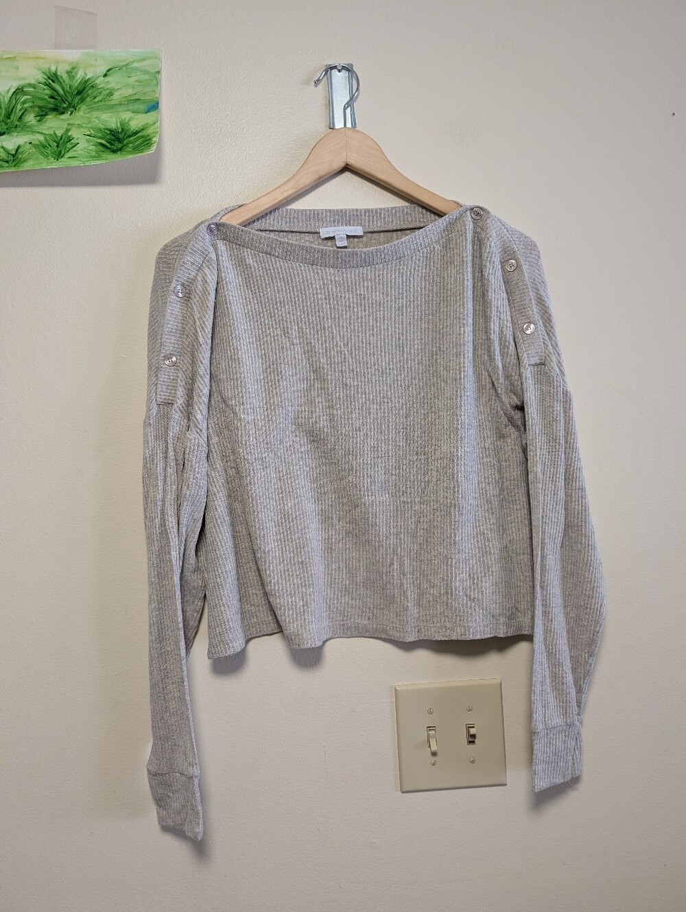 Beyond Yoga Boat Neck Ribbed Snap Shoulder Top Gray Medium Made USA